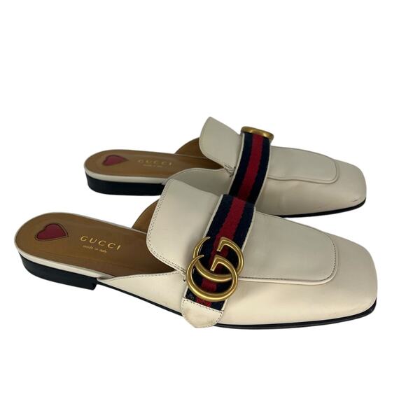 Gucci Peyton Marmont GG Logo Web Stripe Leather Mules in White - Picture 10 of 16